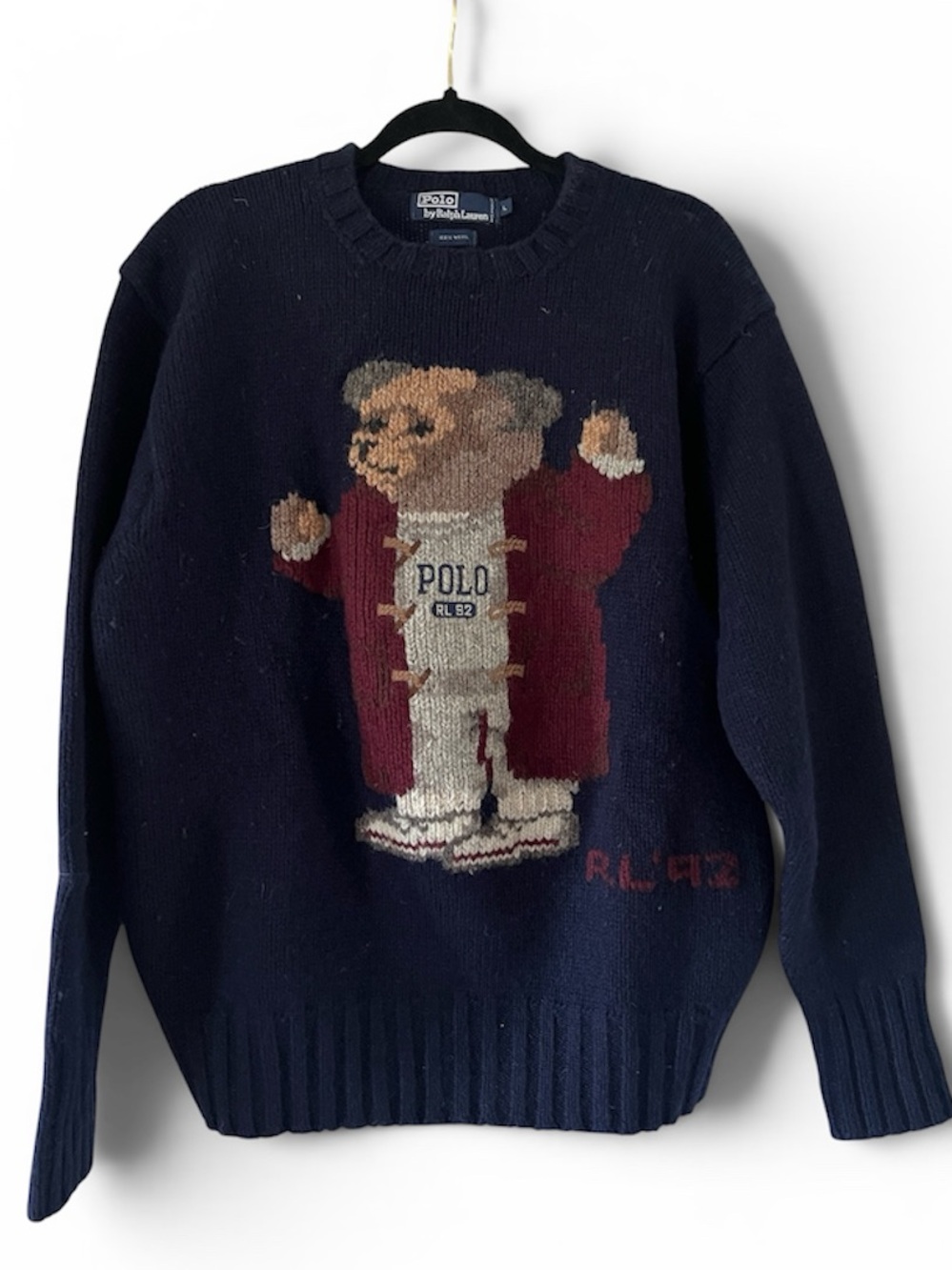 Polo by Ralph Lauren Navy Teddy Bear Crewneck Sweater with Burgundy Coat
